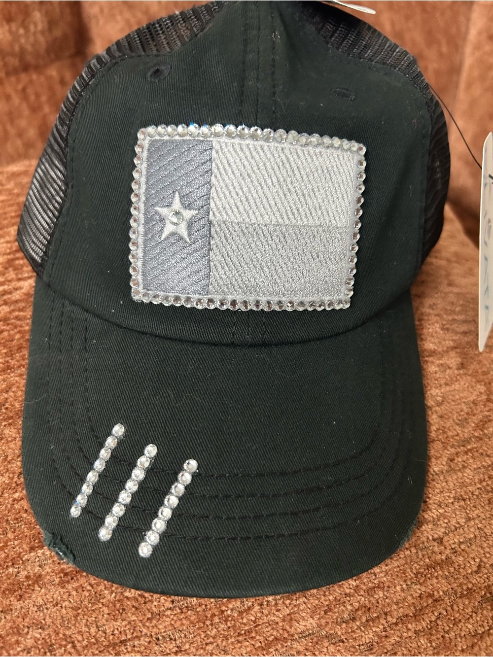 Black Rhinestone Flag Trucker Hat for Women